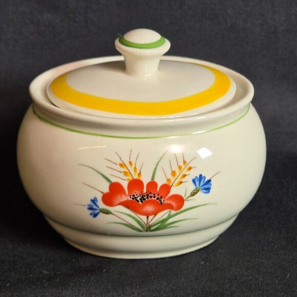 Vintage Arabia Sugar Bowl w Lid Finland Vintage Orange Poppy Red Yellow Suomi 3" - Picture 3 of 11